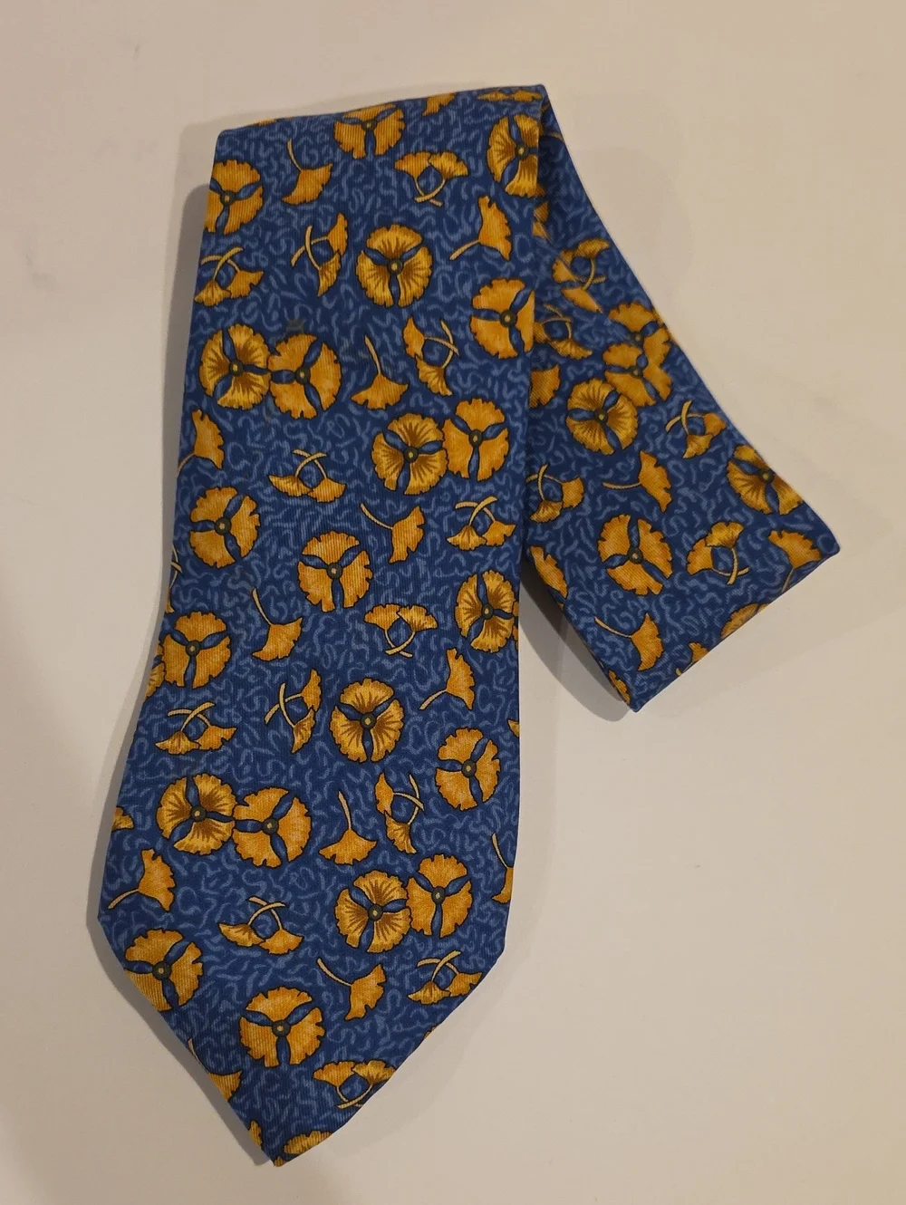 Hermes Flower Tie Silk Made In France Gold And Navy Blue Floral Pattern Authenti